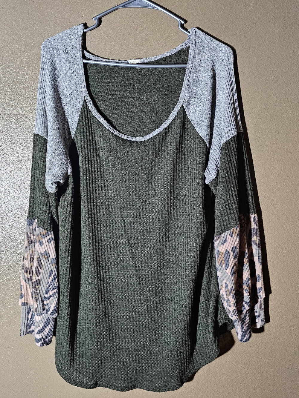 Olive Green Waffle-Knit Tunic with Heather Raglan and Leopard Sleeve Accents